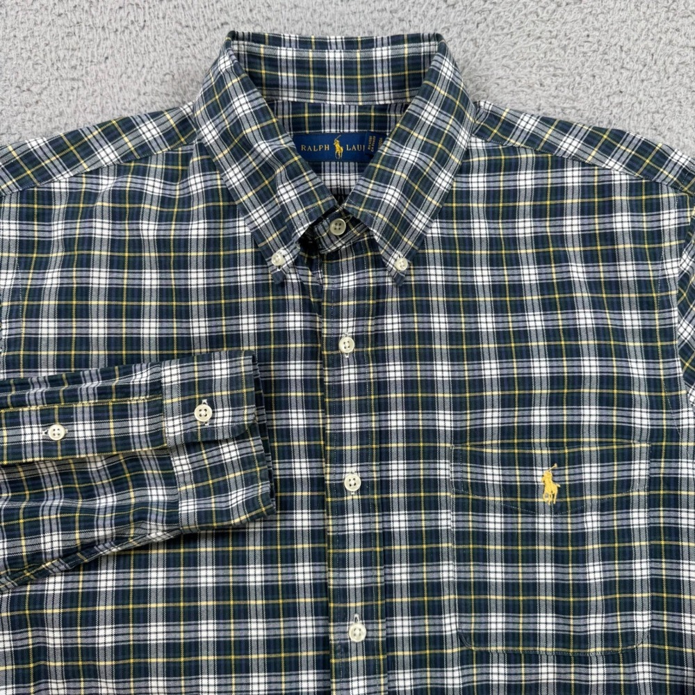 Ralph Lauren Mens L Plaid Button Down Shirt Navy Green Yellow Cotton Long Sleeve